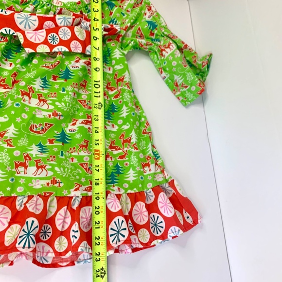 Christmas Holiday red green white reindeer snowflake ruffled bow twirl dress - Picture 11 of 13